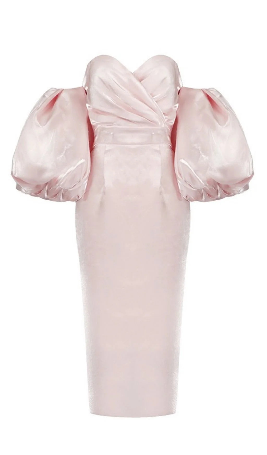 Vestido de fiesta rosa sin tirantes de satén con mangas abullonadas