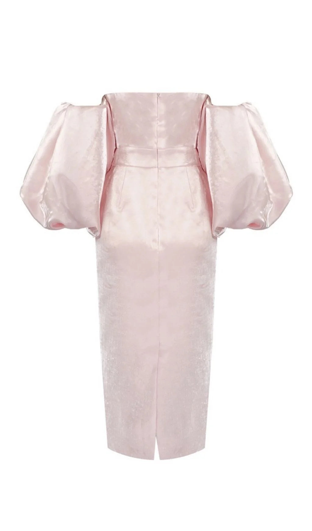 Vestido de fiesta rosa sin tirantes de satén con mangas abullonadas