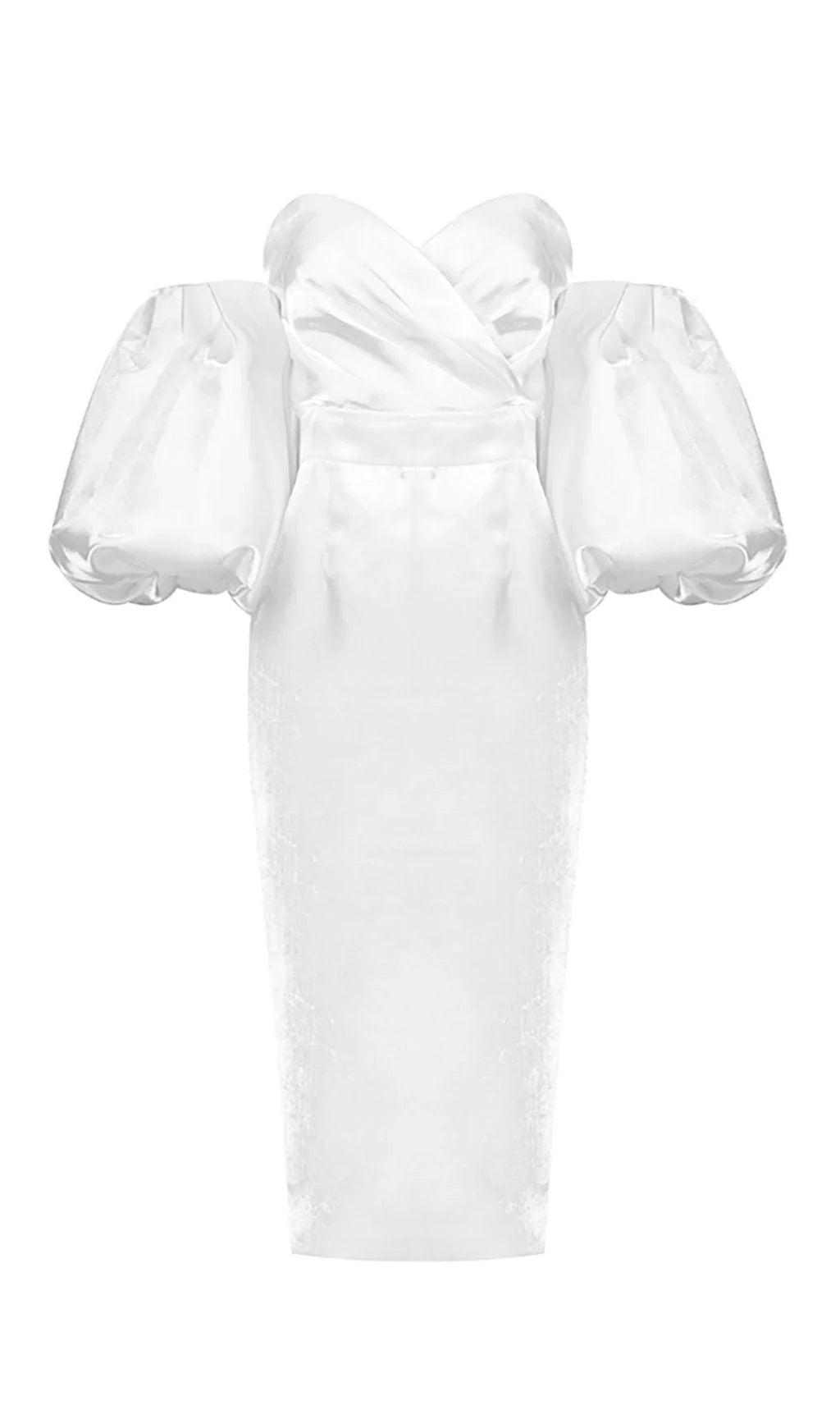 Robe de bal bustier en satin blanc à manches bouffantes