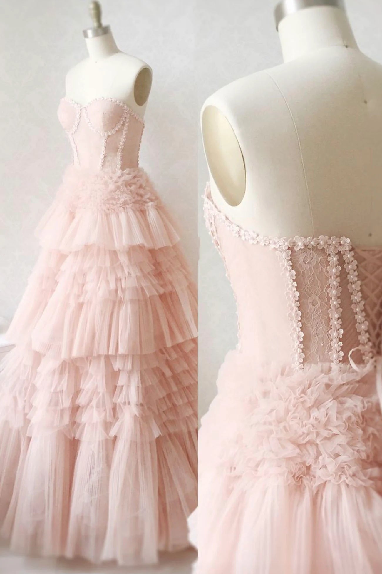 Robe de bal longue en tulle rose sans bretelles et dentelle