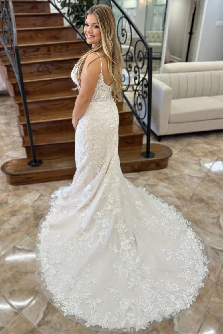 Floral Lace Deep V-neck Backless Mermaid Wedding Dress