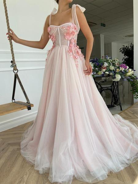Robe de bal trapèze longue en tulle rose à lacets, sans bretelles, avec fleurs 3D