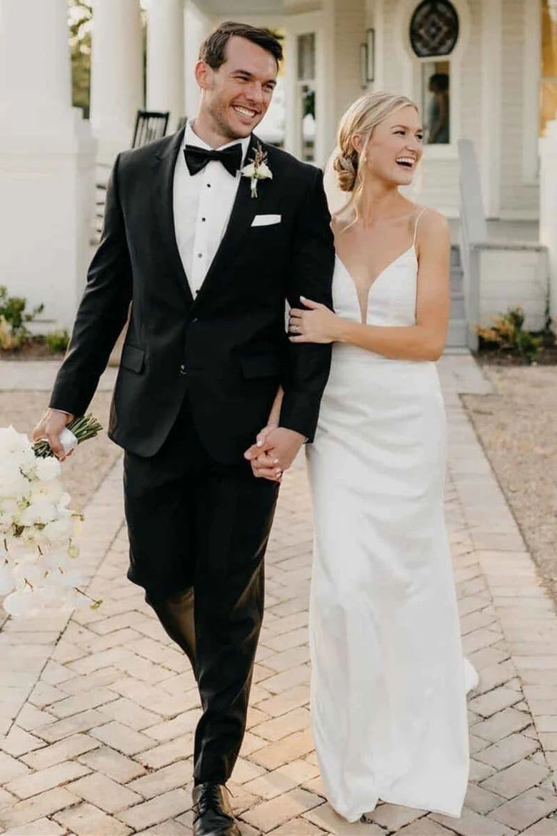 Satin Deep V Neck Backless Sheath Wedding Dress