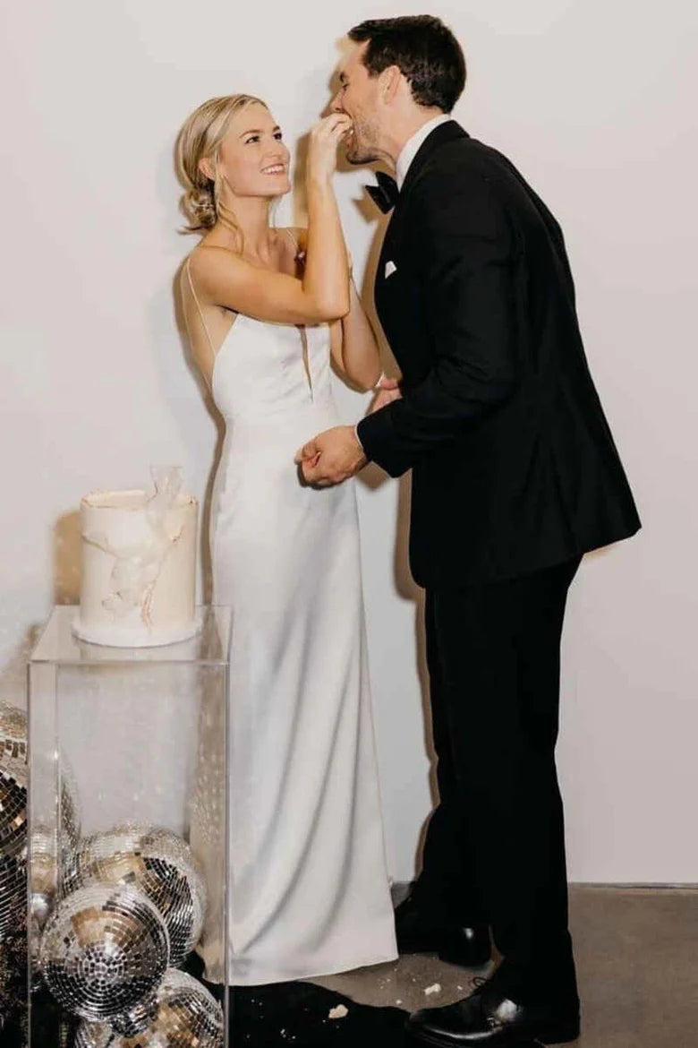 Satin Deep V Neck Backless Sheath Wedding Dress