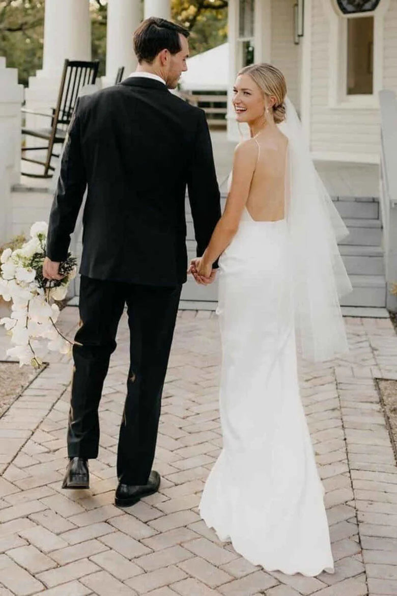 Satin Deep V Neck Backless Sheath Wedding Dress