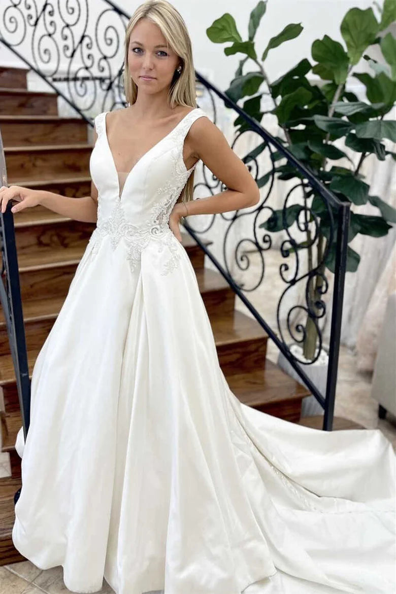 A-Line Satin V-Neck Backless Wedding Dress