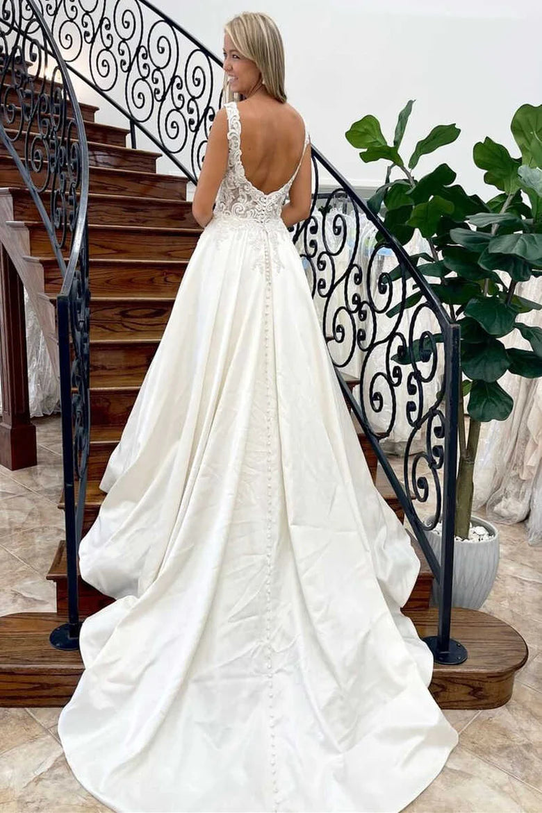 A-Line Satin V-Neck Backless Wedding Dress