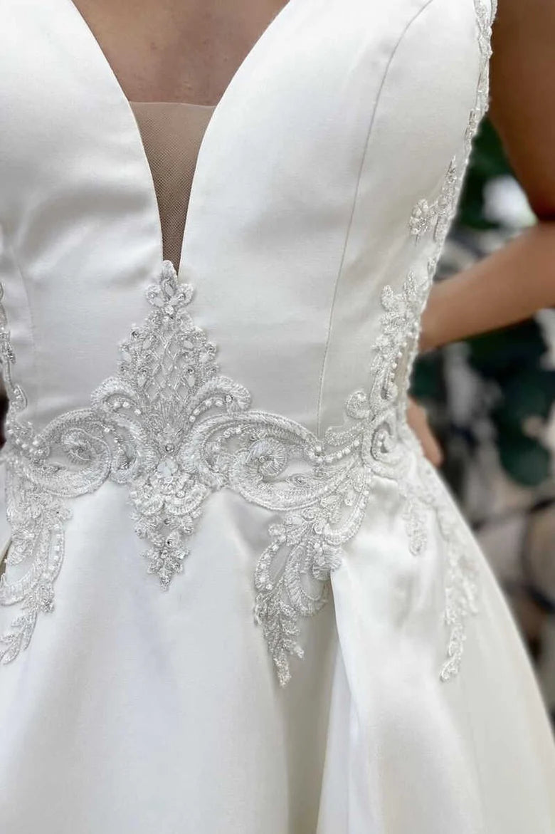 A-Line Satin V-Neck Backless Wedding Dress