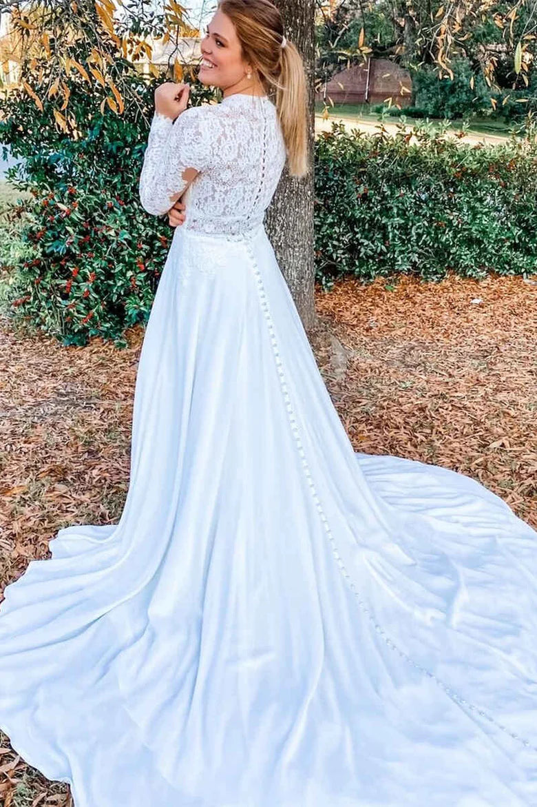 Lace High Neck Long Sleeve Long Wedding Dress