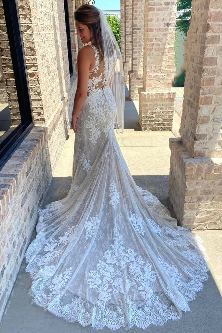 Lace V-Neck Mermaid Long Wedding Dress