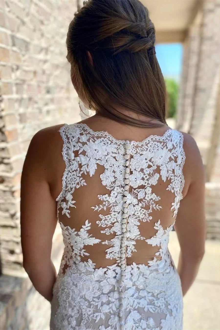 Lace V-Neck Mermaid Long Wedding Dress