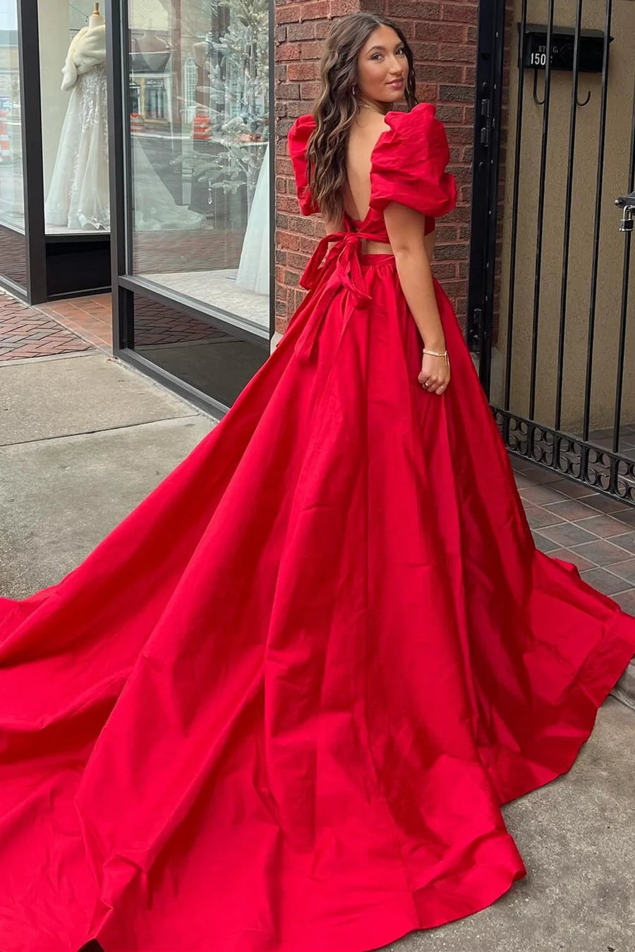 Square Neck Backless Bow Two-Piece Puff Sleeve HightSlit Long Prom Dress With Train