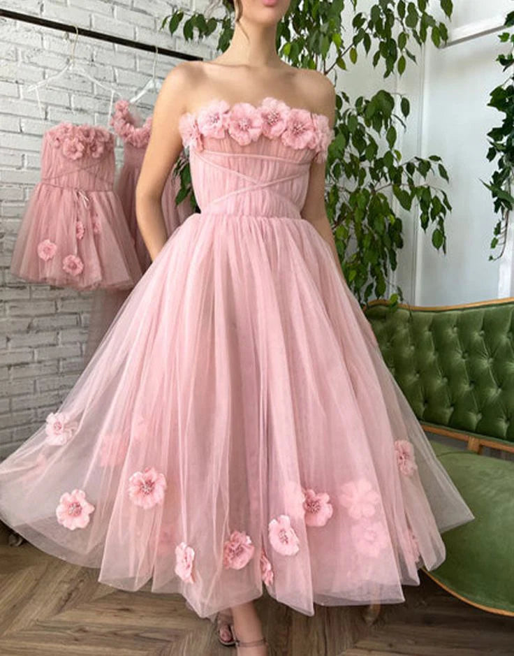 Beautiful Princess Strapless Prom Dress with 3D Flowers