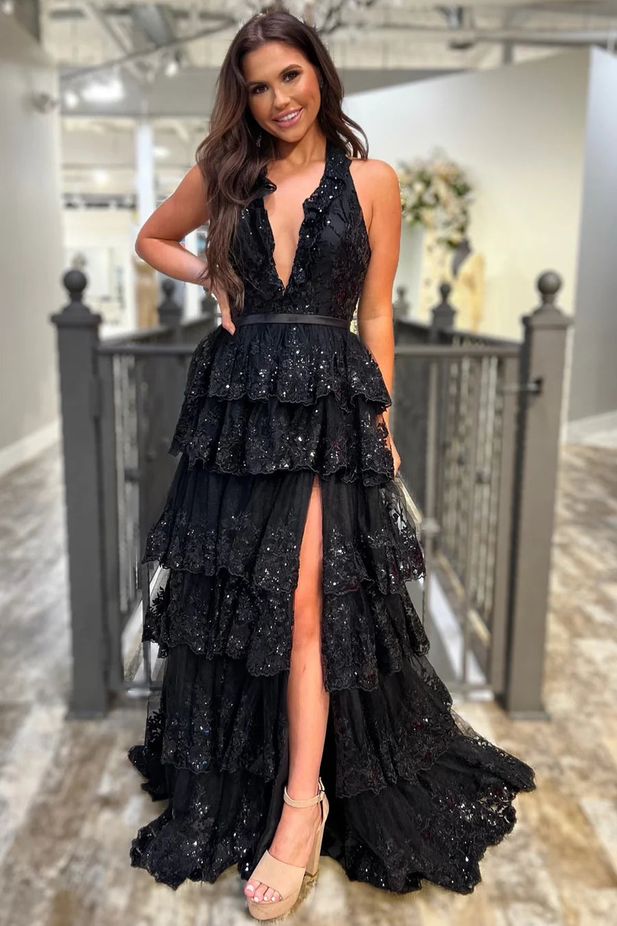 Deep V Neck Backless Slit Tulle Ruffle Long Applique Prom Dress With Halter