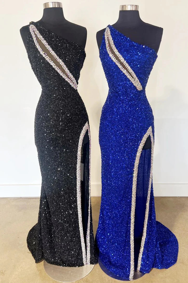 One-Shoulder Cutout Trumpet Long Prom Dress with Slit
