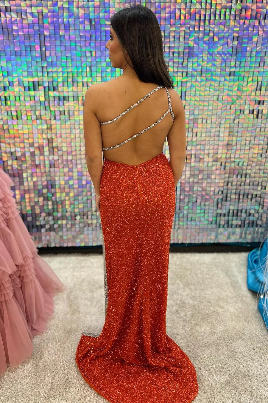 One-Shoulder Cutout Trumpet Long Prom Dress with Slit