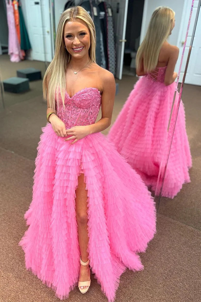 A-Line Sweetheart Ruffle Tiered Prom Dress Applique