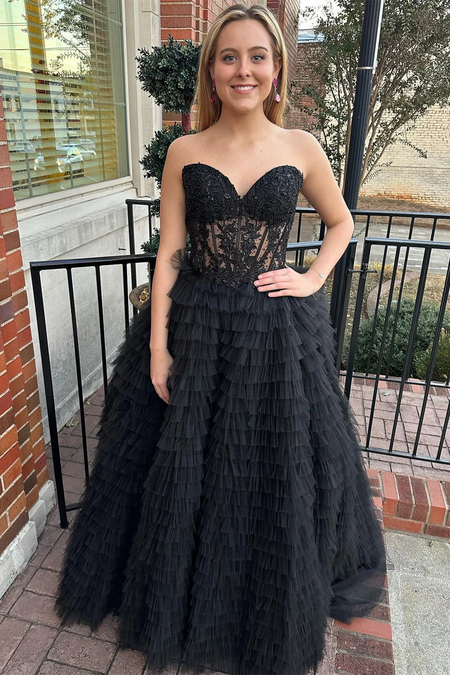 A-Line Sweetheart Ruffle Tiered Prom Dress Applique