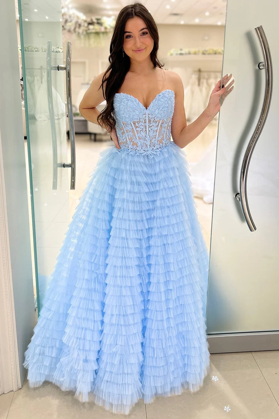 A-Line Sweetheart Ruffle Tiered Prom Dress Applique