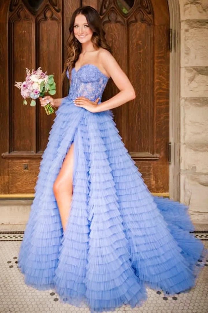 A-Line Sweetheart Ruffle Tiered Prom Dress Applique