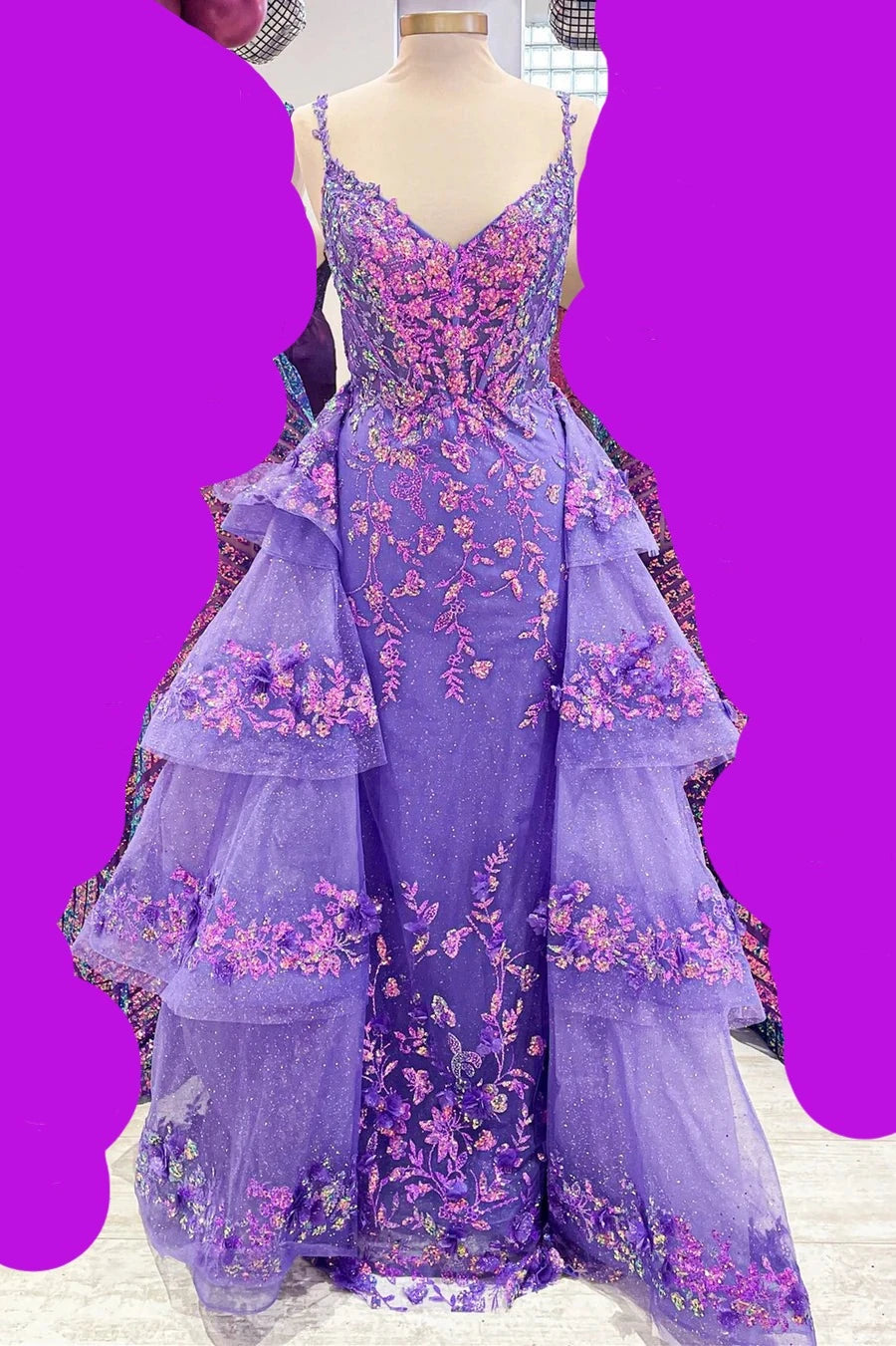 Off-the-Shoulder Spaghetti Straps Sequin Lace-Up V-Neck Dress with Attached Train