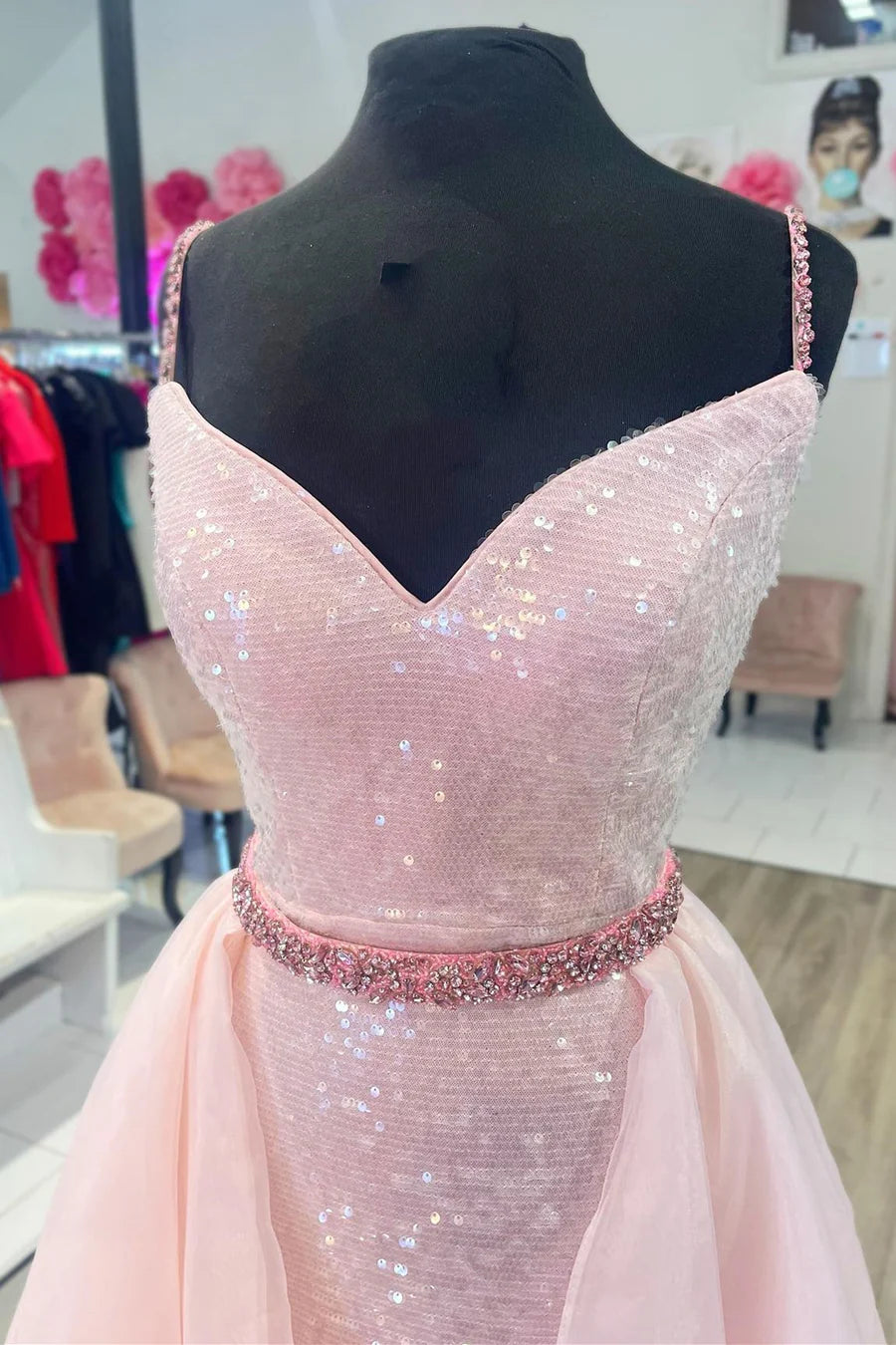 Sequin V-Neck Backless Prom Dress with Train