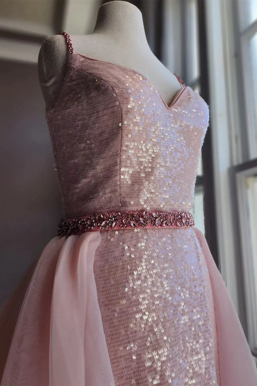 Sequin V-Neck Backless Prom Dress with Train