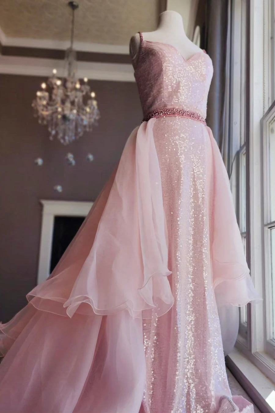 Sequin V-Neck Backless Prom Dress with Train