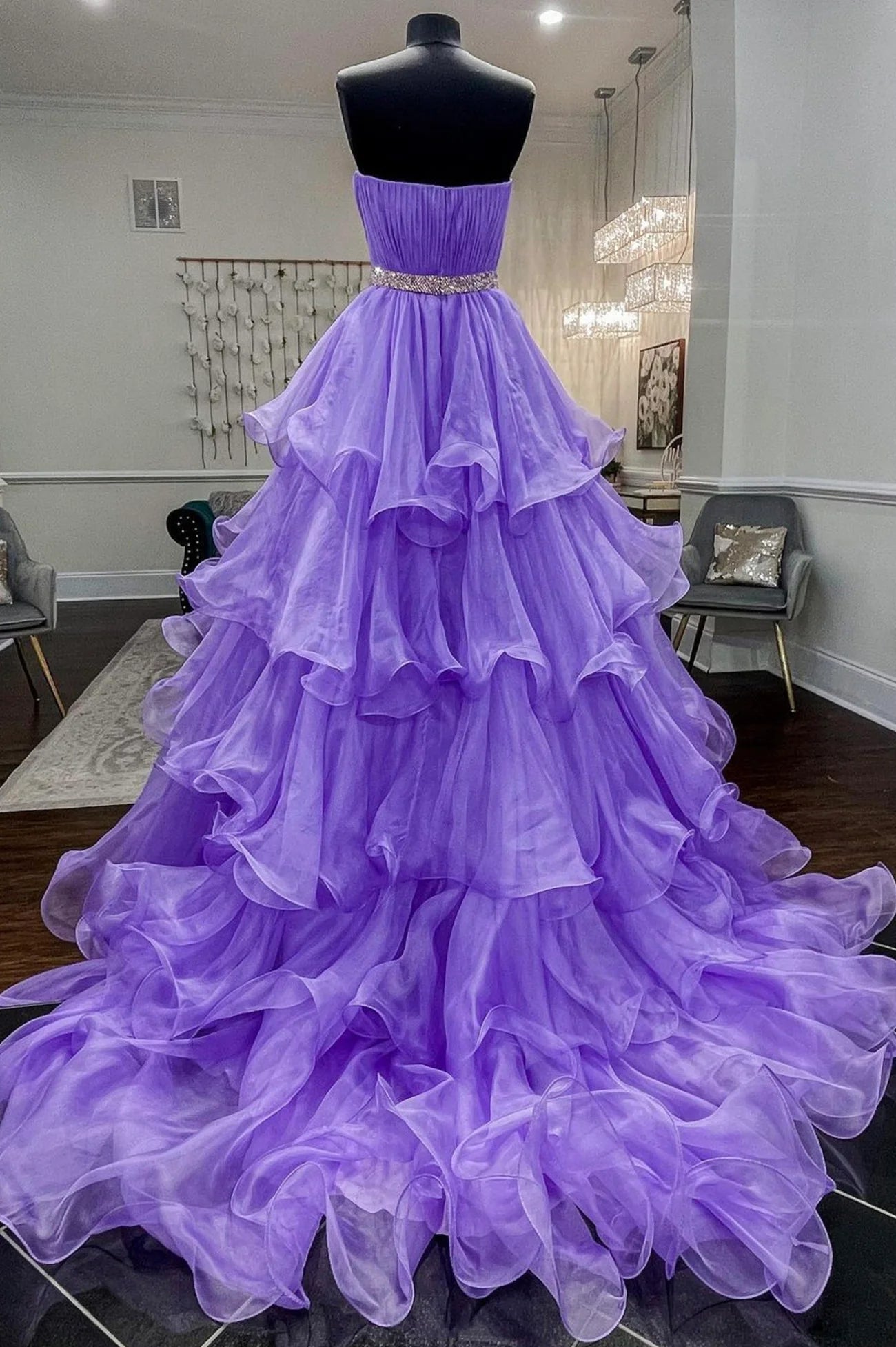 Purple Strapless Organza Long Princess Quinceanera Prom Dress