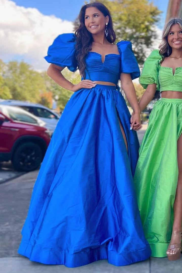 Square Neck Backless Bow Two-Piece Puff Sleeve HightSlit Long Prom Dress With Train