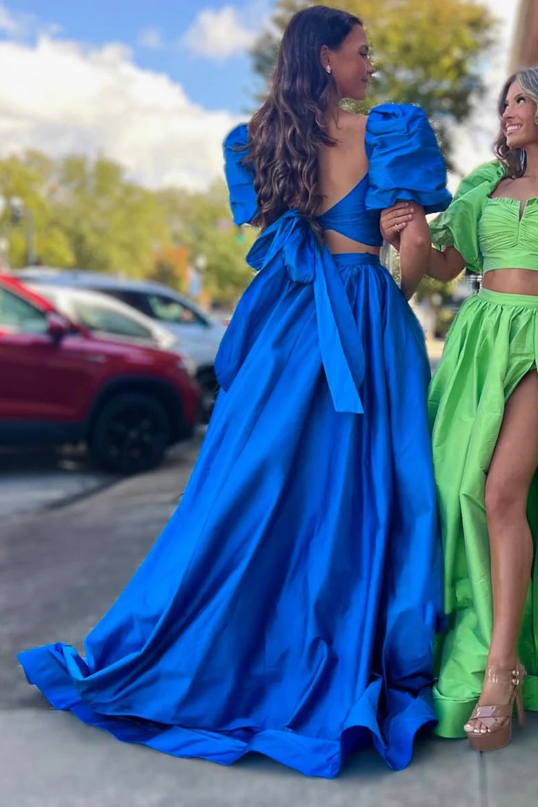 Square Neck Backless Bow Two-Piece Puff Sleeve HightSlit Long Prom Dress With Train