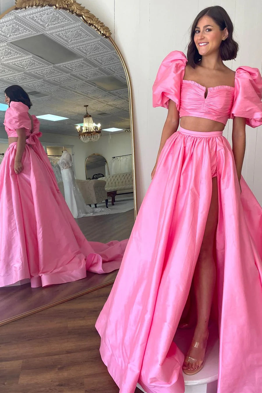 Square Neck Backless Bow Two-Piece Puff Sleeve HightSlit Long Prom Dress With Train