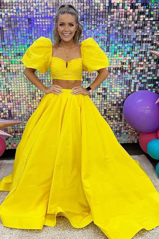 Square Neck Backless Bow Two-Piece Puff Sleeve HightSlit Long Prom Dress With Train