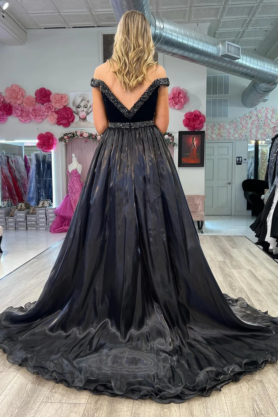 Velvet Beaded V-Neck Prom Dress with Train