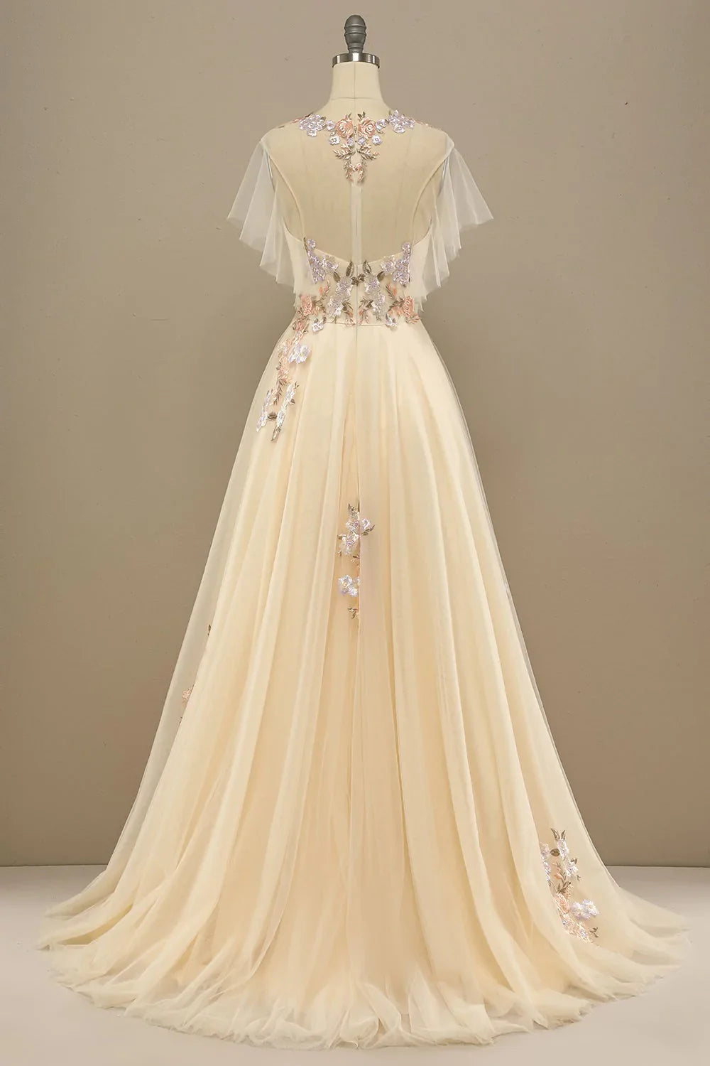 A Line Floral Short Sleeves Long Prom Dress With Appliques