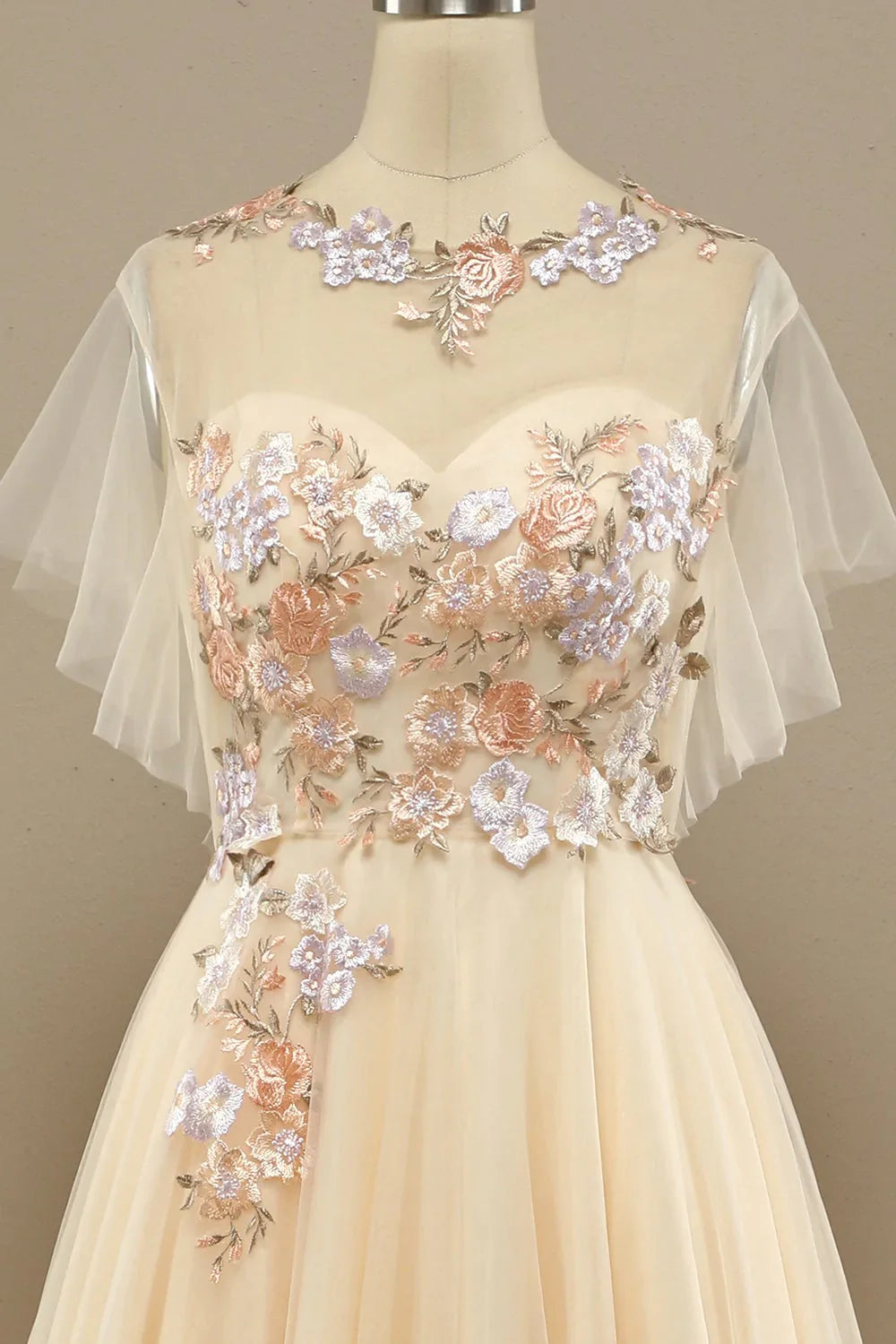 A Line Floral Short Sleeves Long Prom Dress With Appliques
