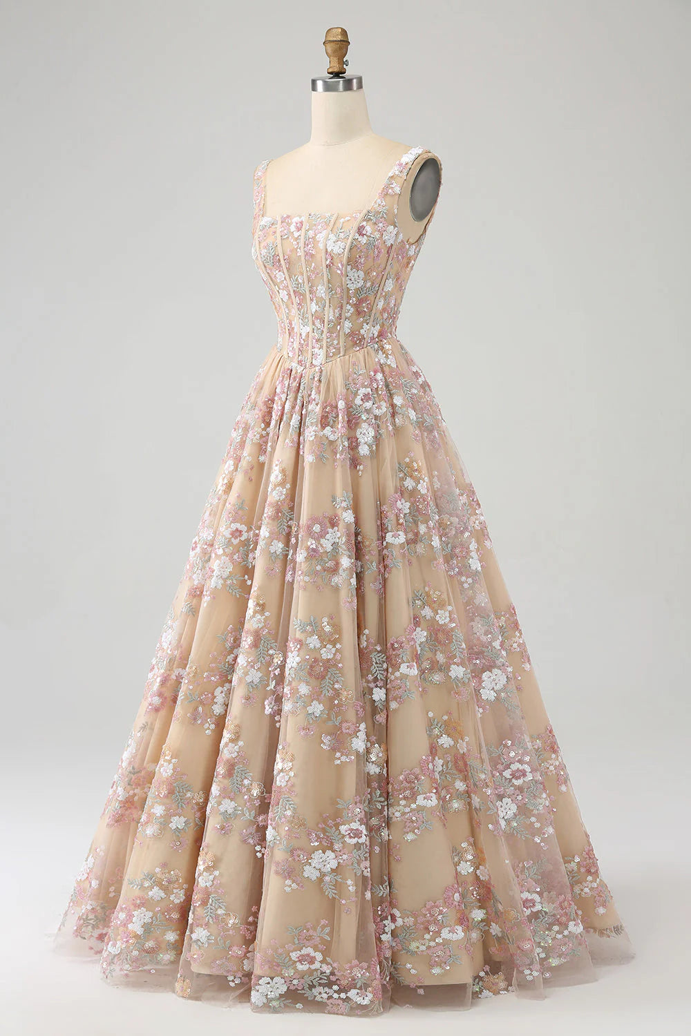 A Line Square Neck Corset Prom Dress With Appliques