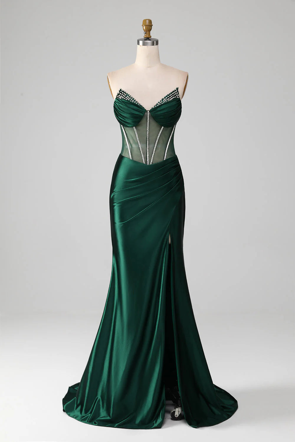 Vestido de fiesta de sirena verde oscuro con escote en forma de corazón y corsé con abertura frontal