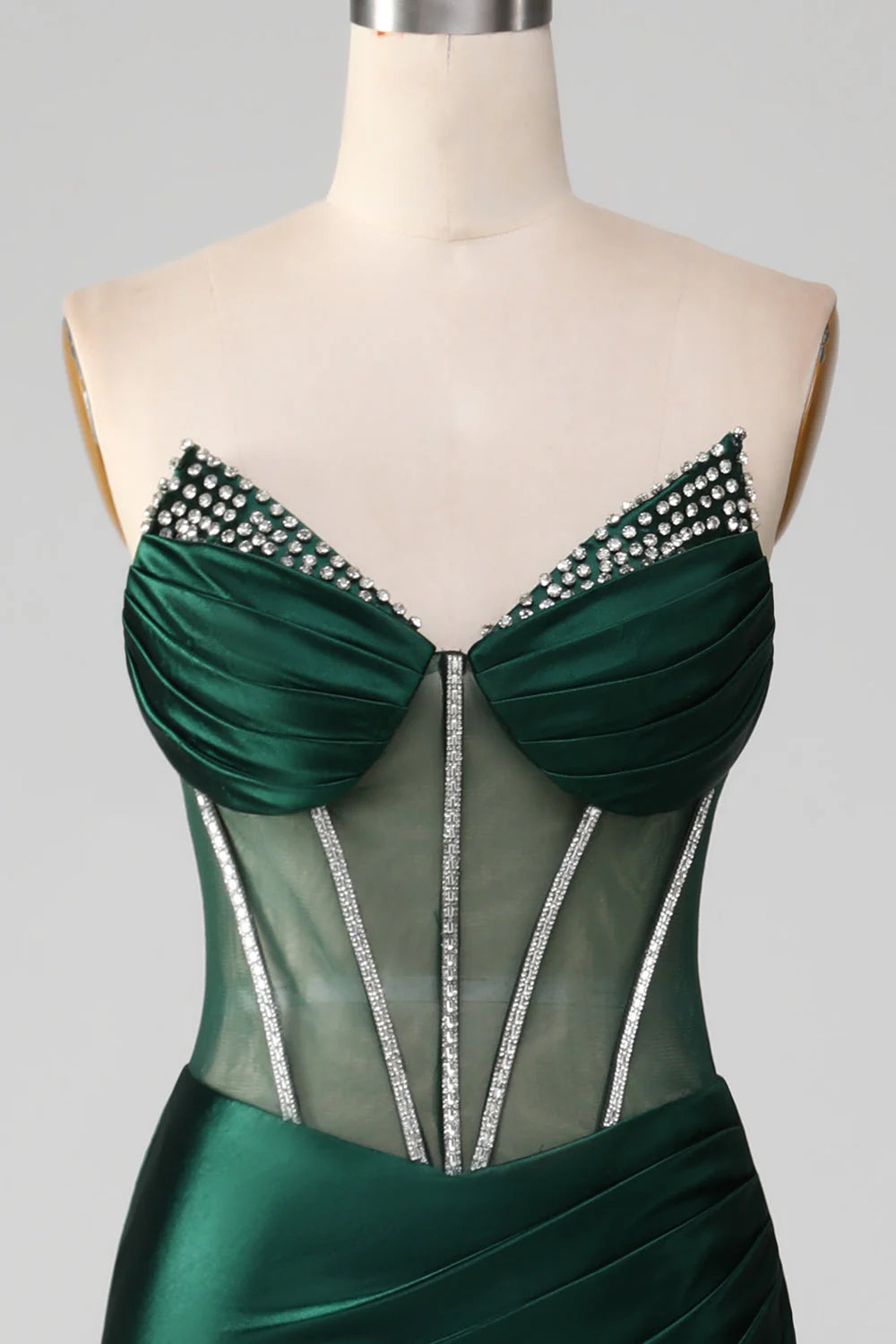 Vestido de fiesta de sirena verde oscuro con escote en forma de corazón y corsé con abertura frontal