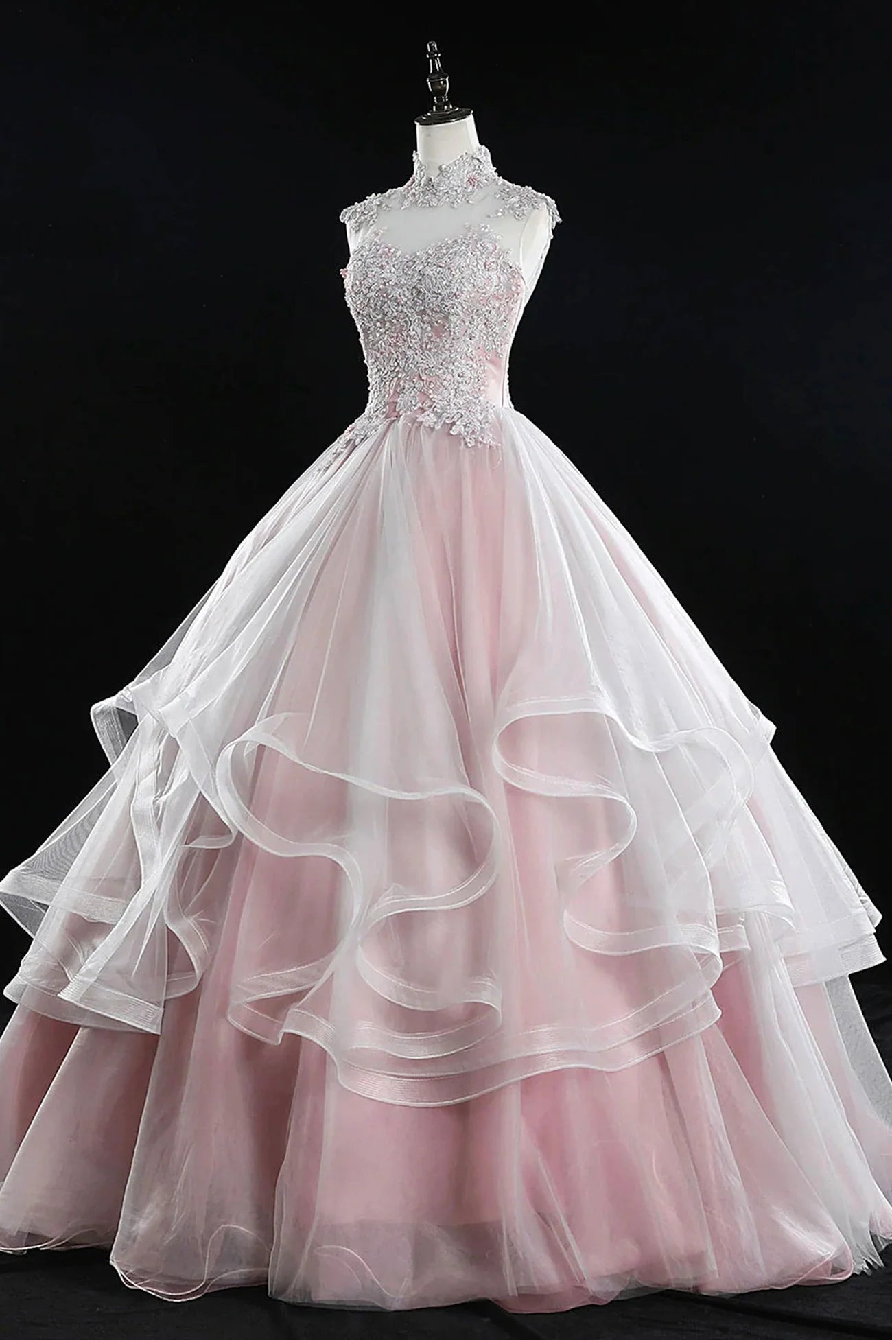 Pink Tulle Lace Sweet Prom Dresses With Applique Bead string