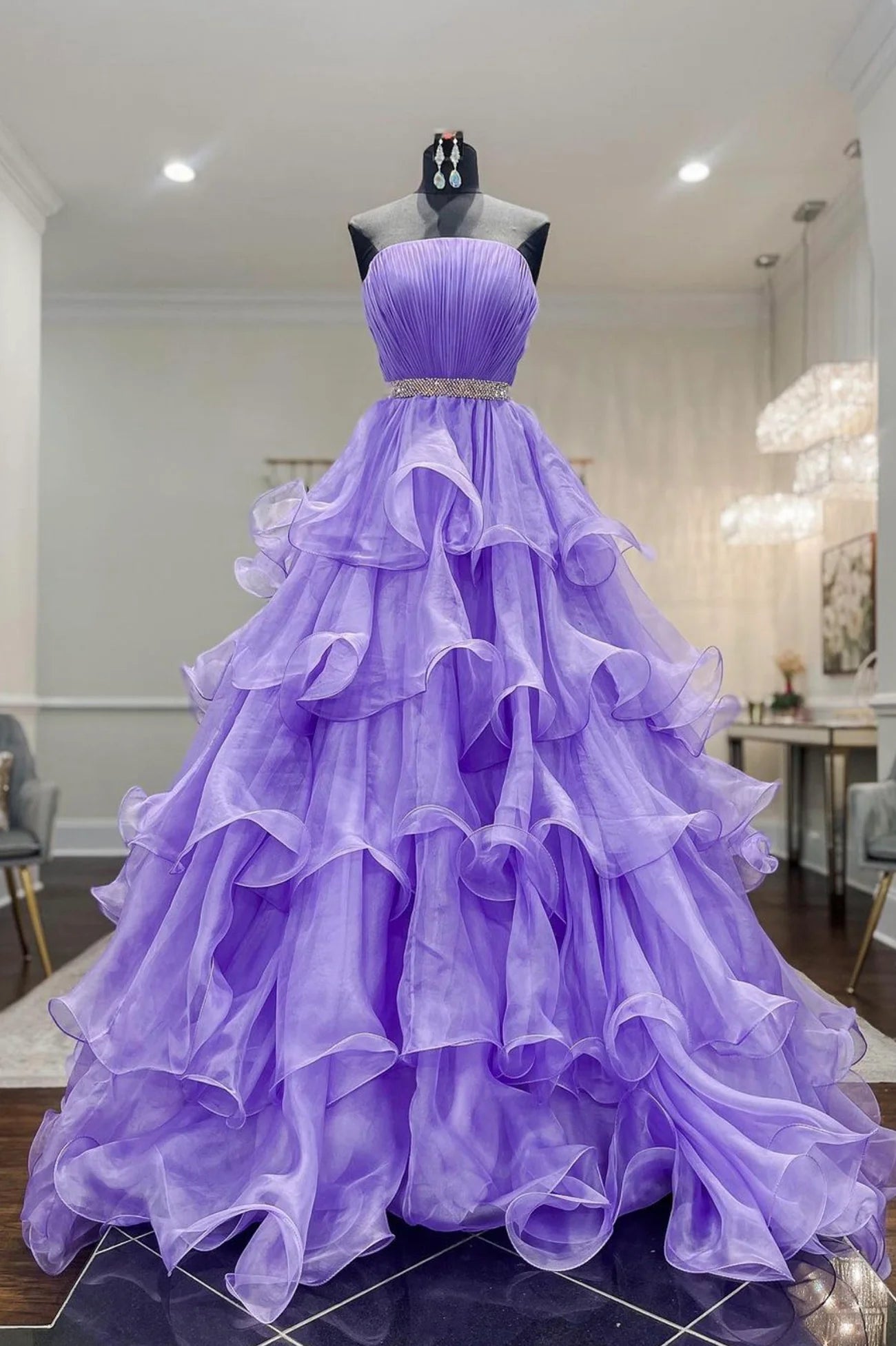 Purple Strapless Organza Long Princess Quinceanera Prom Dress
