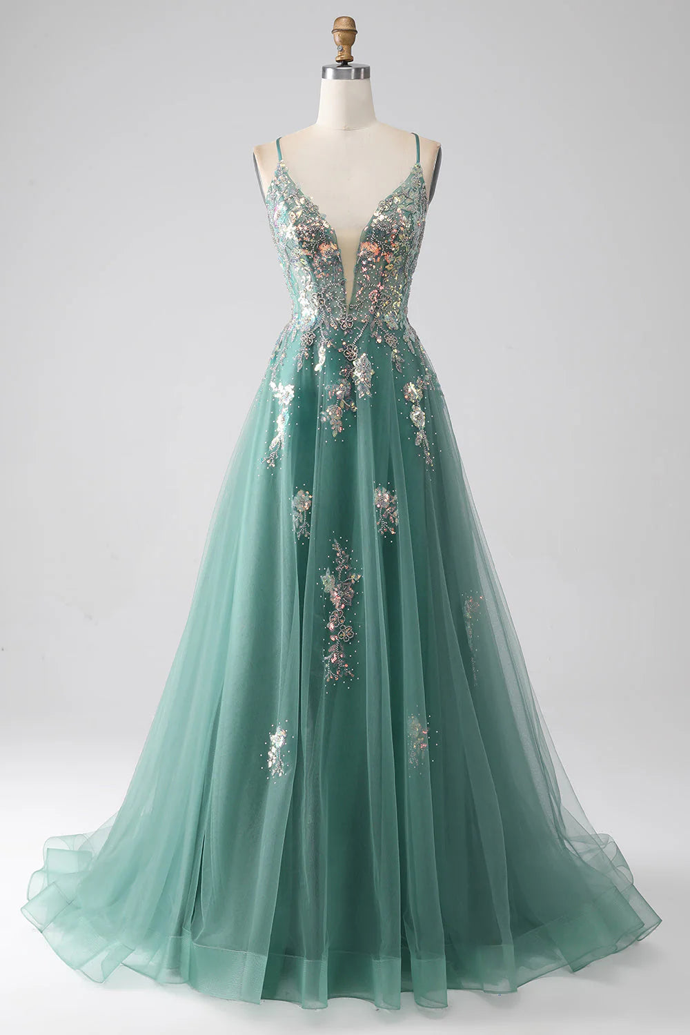 Robe de bal longue trapèze à bretelles spaghetti et appliqués de paillettes scintillantes