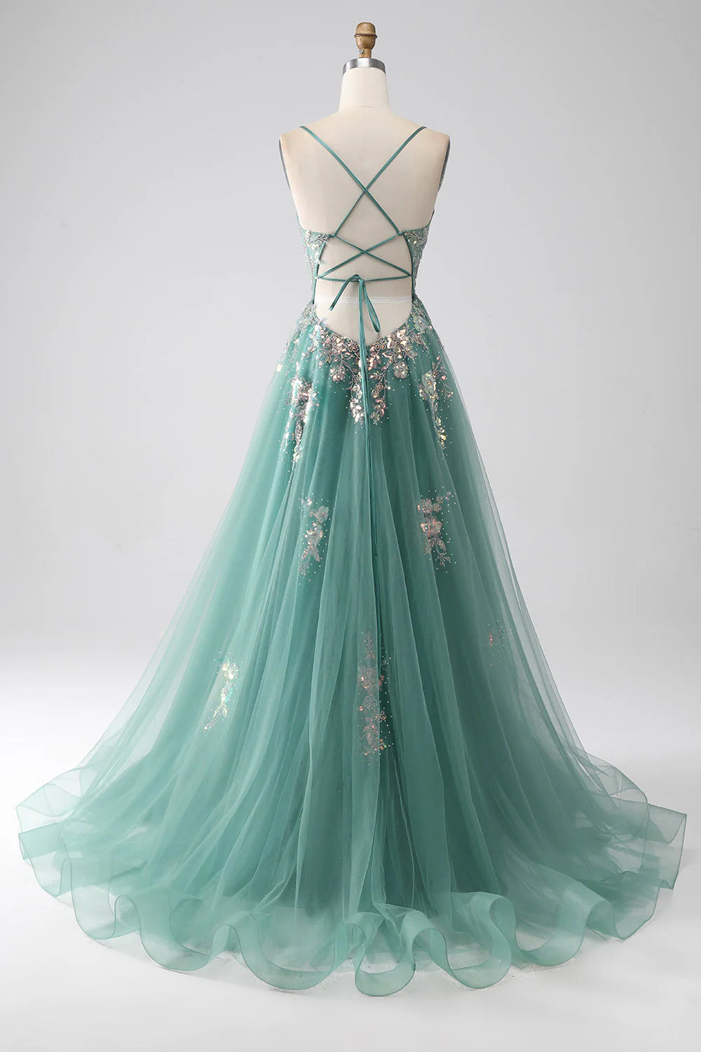 Robe de bal longue trapèze à bretelles spaghetti et appliqués de paillettes scintillantes