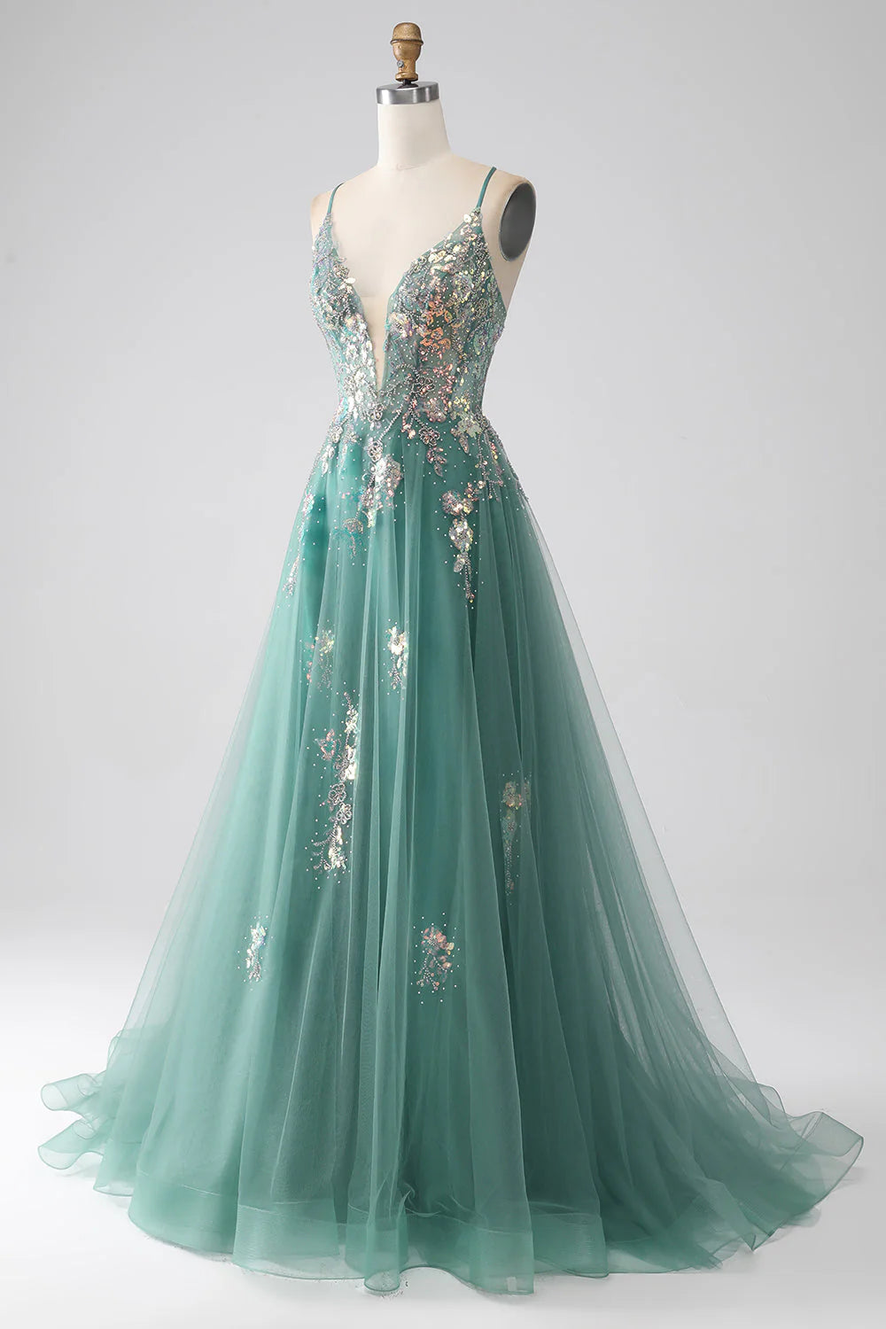 Robe de bal longue trapèze à bretelles spaghetti et appliqués de paillettes scintillantes