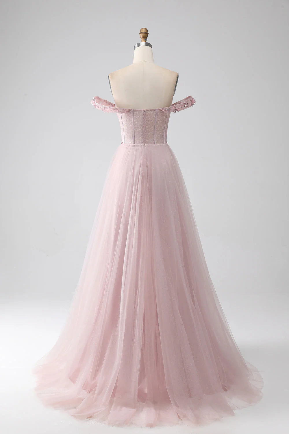 Blush Off The Shoulder A Line Beaded Prom Dress With Slit