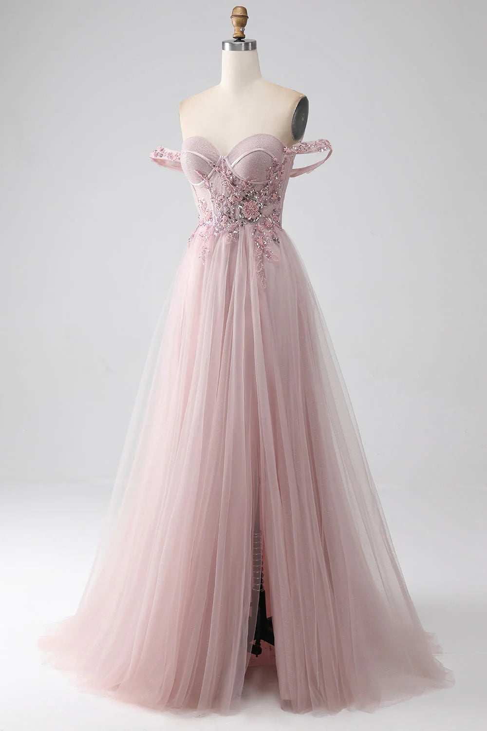 Blush Off The Shoulder A Line Beaded Prom Dress With Slit