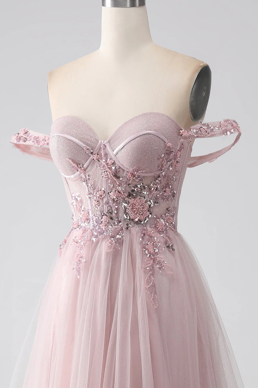 Blush Off The Shoulder A Line Beaded Prom Dress With Slit