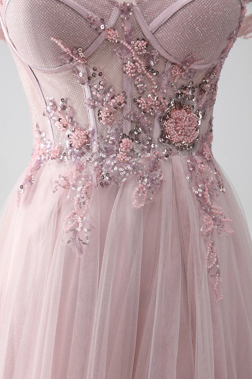 Blush Off The Shoulder A Line Beaded Prom Dress With Slit