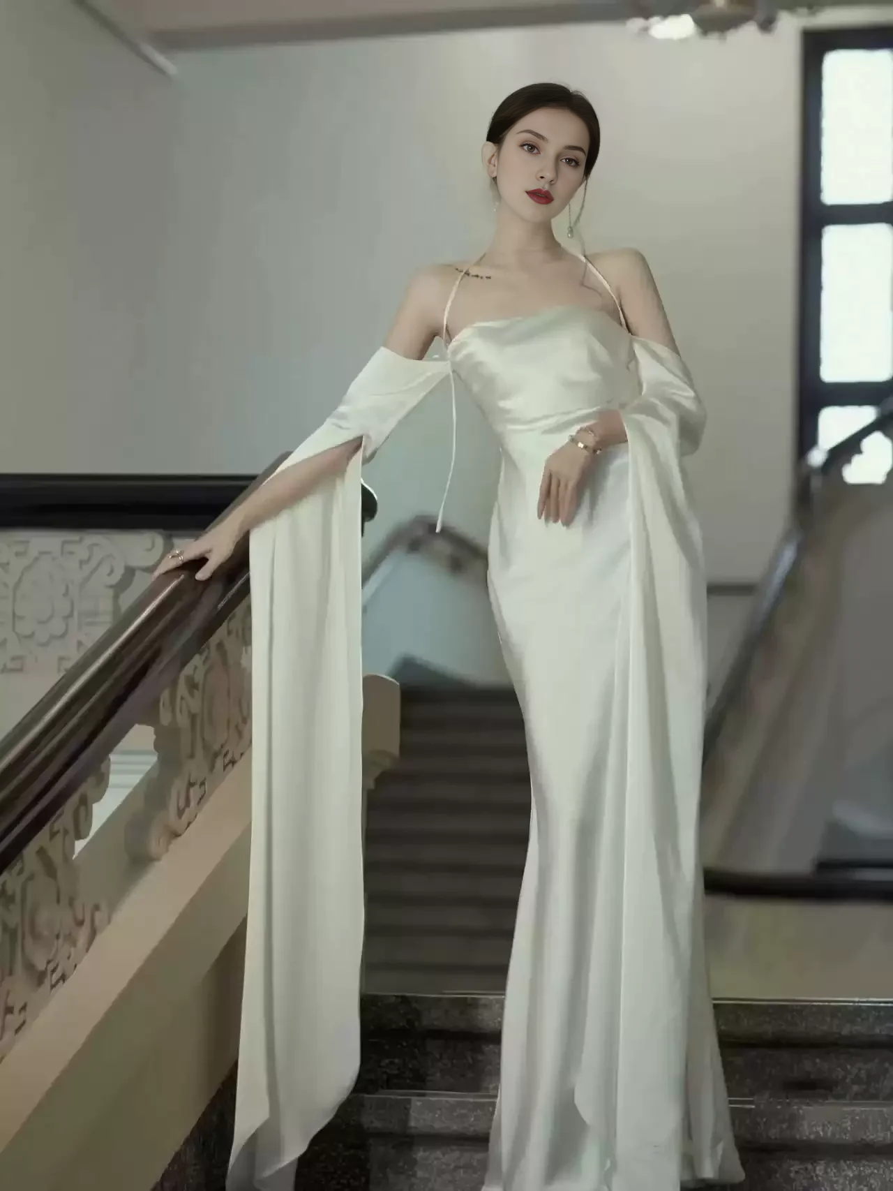 Vestido de fiesta largo estilo sirena con hombros descubiertos y mangas cortas, sexy, para noche 