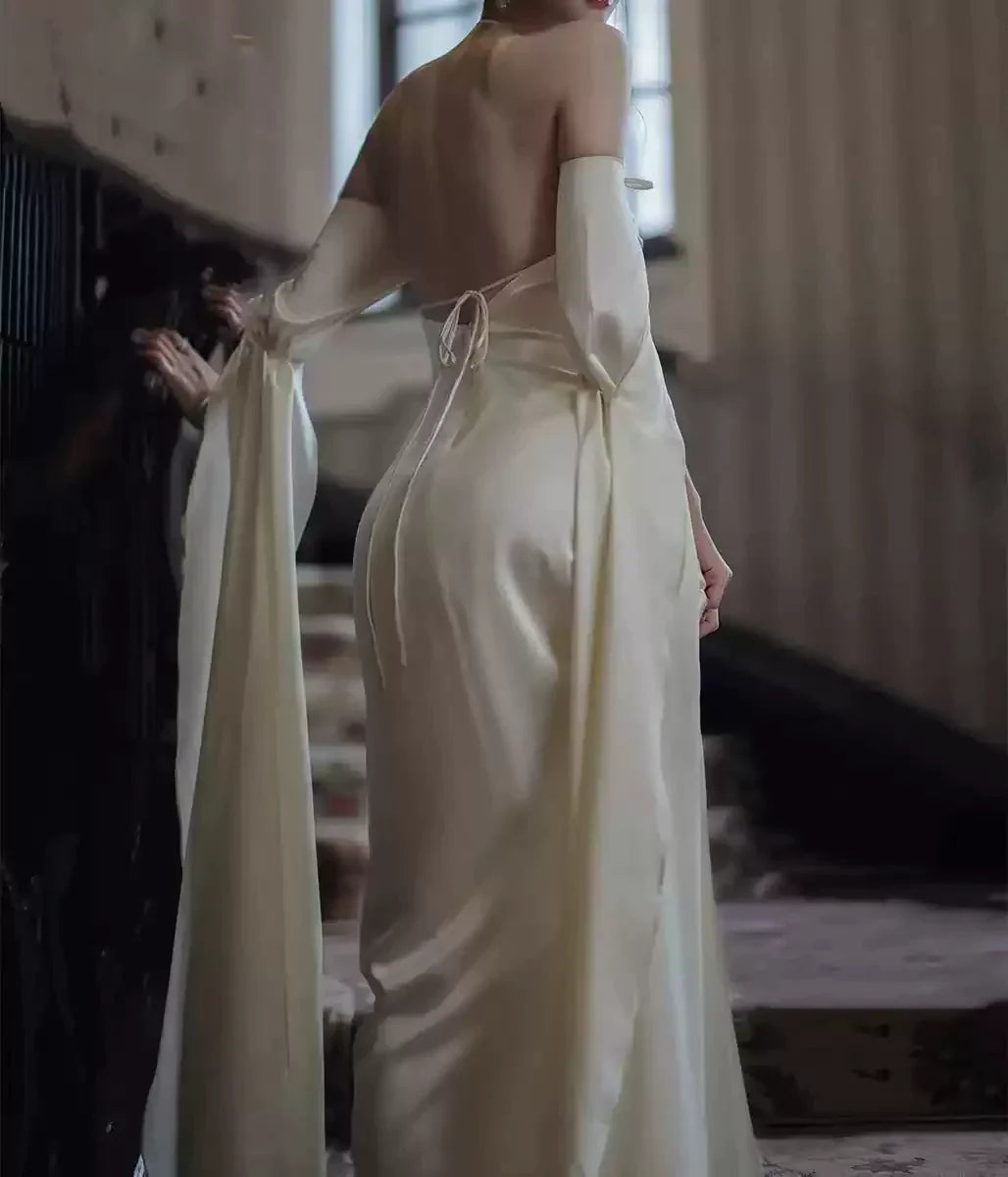 Vestido de fiesta largo estilo sirena con hombros descubiertos y mangas cortas, sexy, para noche 